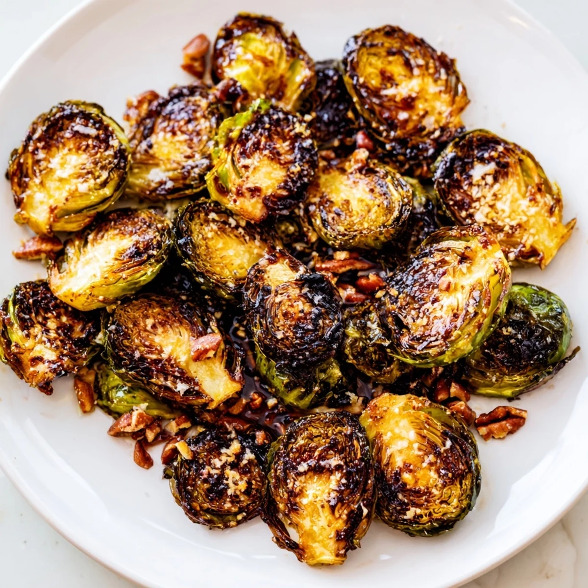 Honey balsamic Brussels sprouts glistening with glossy glaze topped with toasted pecans