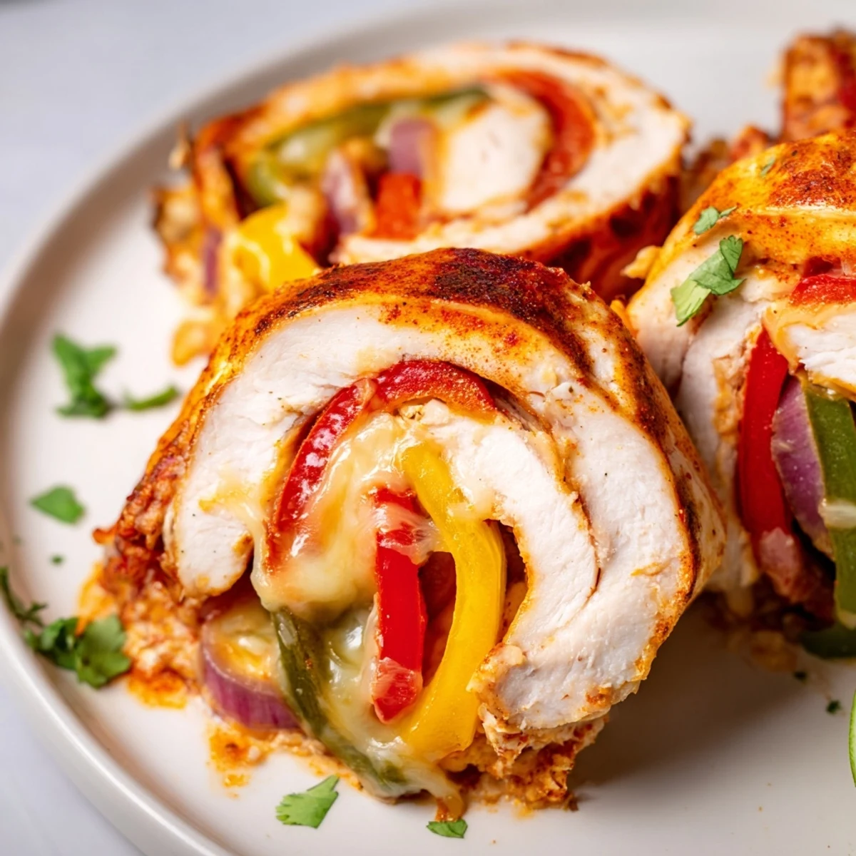 Golden baked chicken fajita roll ups with melted cheese and colorful peppers on a white plate.