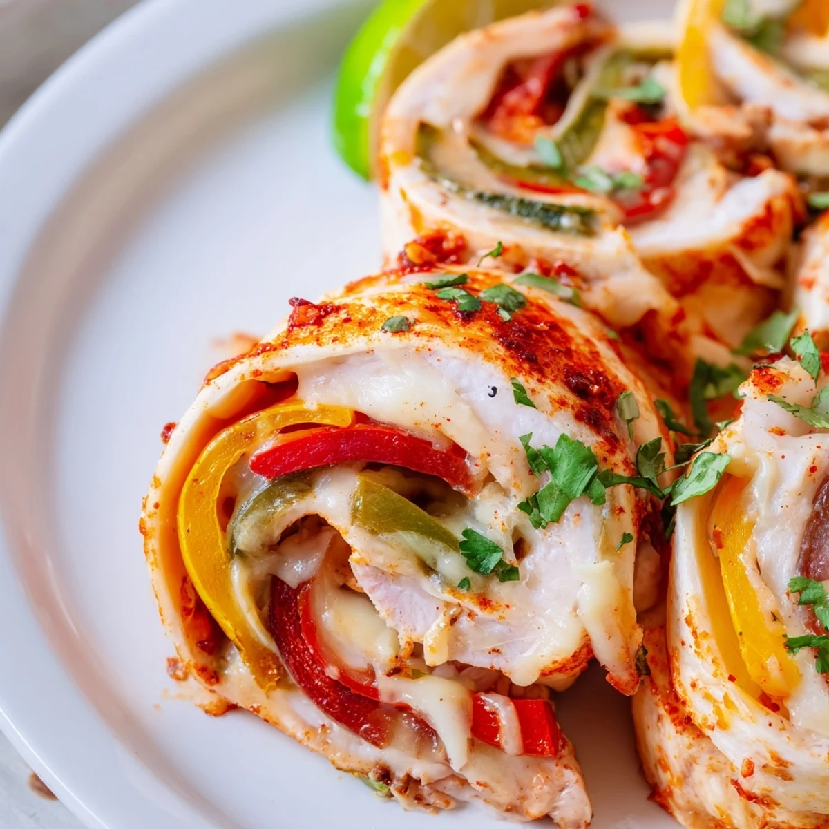 Spicy baked chicken fajita roll ups garnished with cilantro and lime on a rustic baking dish.