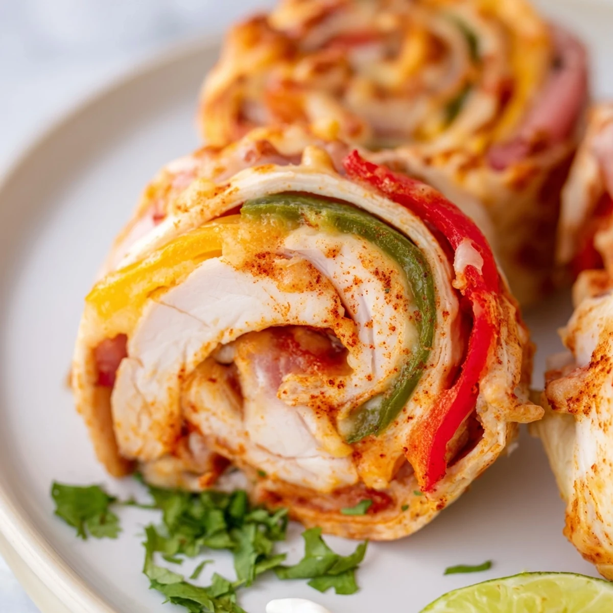 Juicy baked chicken fajita roll ups sliced open revealing tender peppers and gooey Monterey Jack cheese.