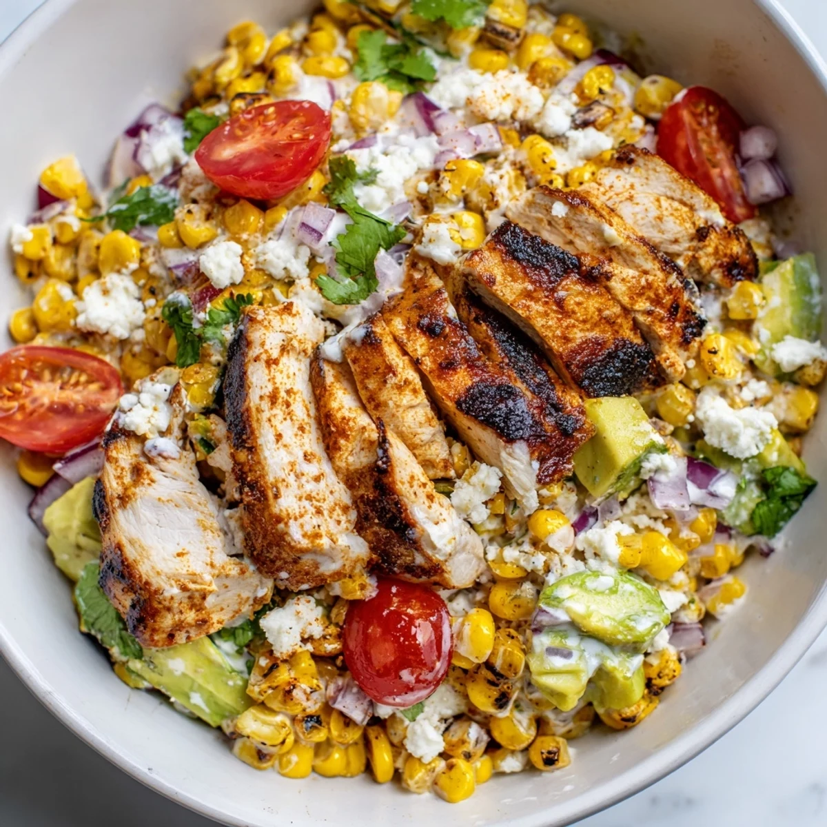 Smoky charred kernels and sliced grilled chicken top this High Protein Chicken Street Corn Salad