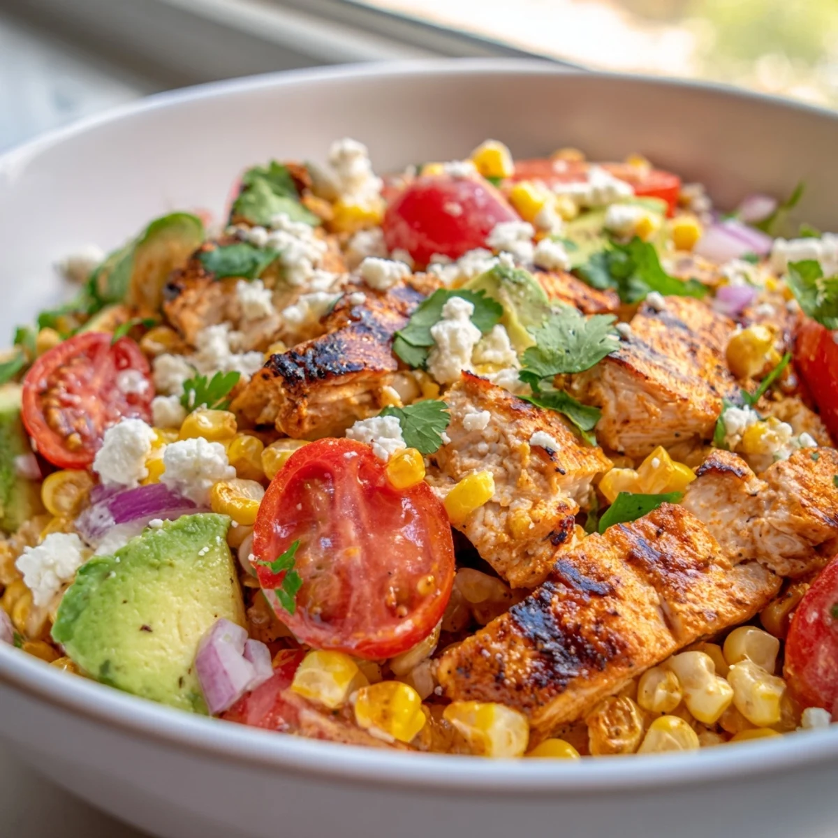 Creamy lime dressing coats vibrant High Protein Chicken Street Corn Salad in a rustic bowl