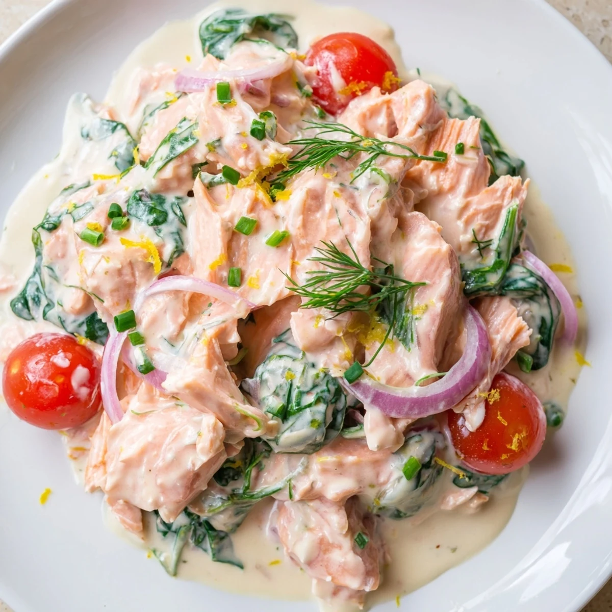 Creamy leftover salmon recipe plated with vibrant spinach, cherry tomatoes, and fresh dill
