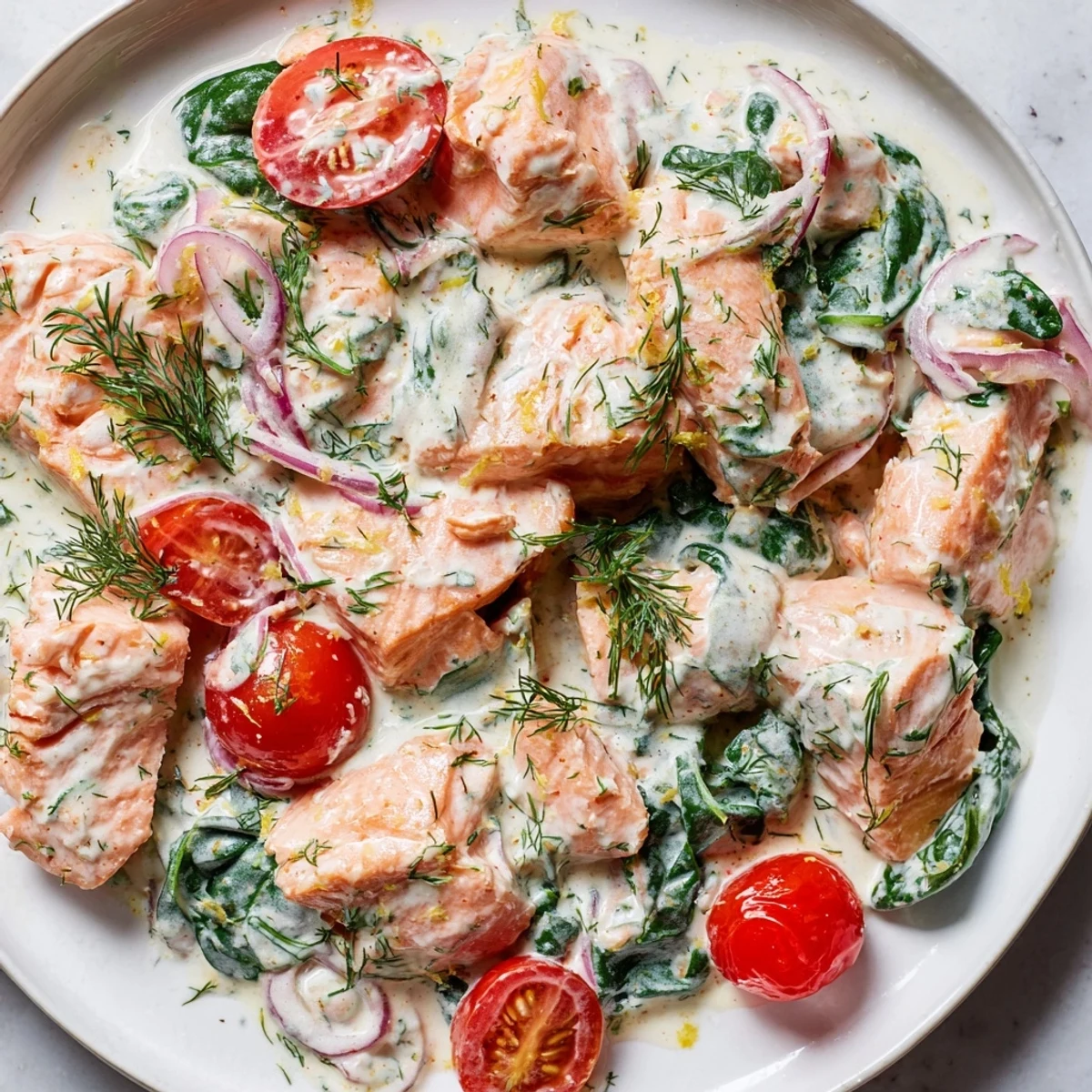Healthy creamy leftover salmon recipe served steaming in a skillet over a rustic table