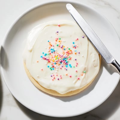 Close-up of white Sugar Cookie Icing spread smoothly over decorated sugar cookies on a baking sheet.