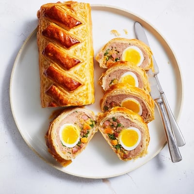 A close-up of a Giant Chorizo and Egg Sausage Roll highlights the crispy, all-butter puff pastry exterior and the vibrant red chorizo and yellow egg filling.