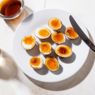 Sliced Ramen Eggs displayed on a rustic wooden board, revealing creamy orange yolks, with small dishes of soy sauce and mirin nearby to highlight the savory marinade ingredients.