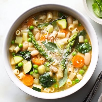 Golden broth in this spring minestrone soup recipe with cannellini beans, asparagus, and fresh basil.