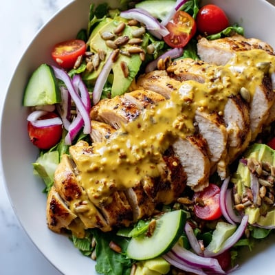Juicy sliced chicken nestled among fresh vegetables in creamy honey mustard chicken salad