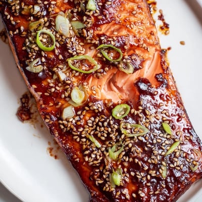 Golden baked Asian salmon fillet glazed and flaking on a parchment-lined baking sheet