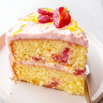 Moist strawberry lemonade cake sliced to reveal tender crumb dotted with berries