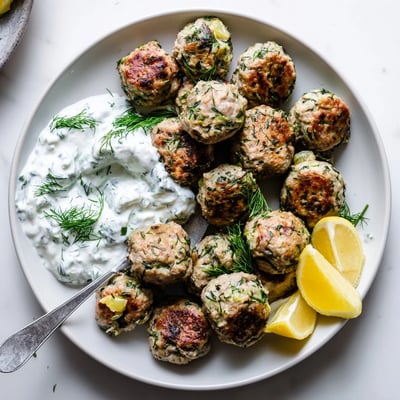 Juicy herb-flecked Greek turkey meatballs nestled beside cool, creamy cucumber tzatziki for dipping
