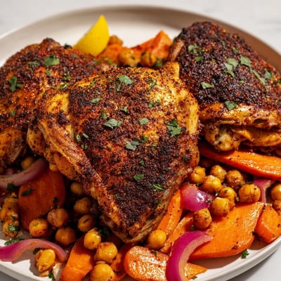 Tender sumac chicken served over roasted carrots and crispy chickpeas with parsley