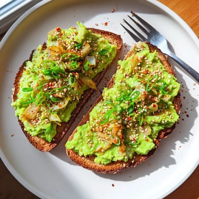 Kimchi avocado toast topped with vibrant red pepper flakes and fresh green onions